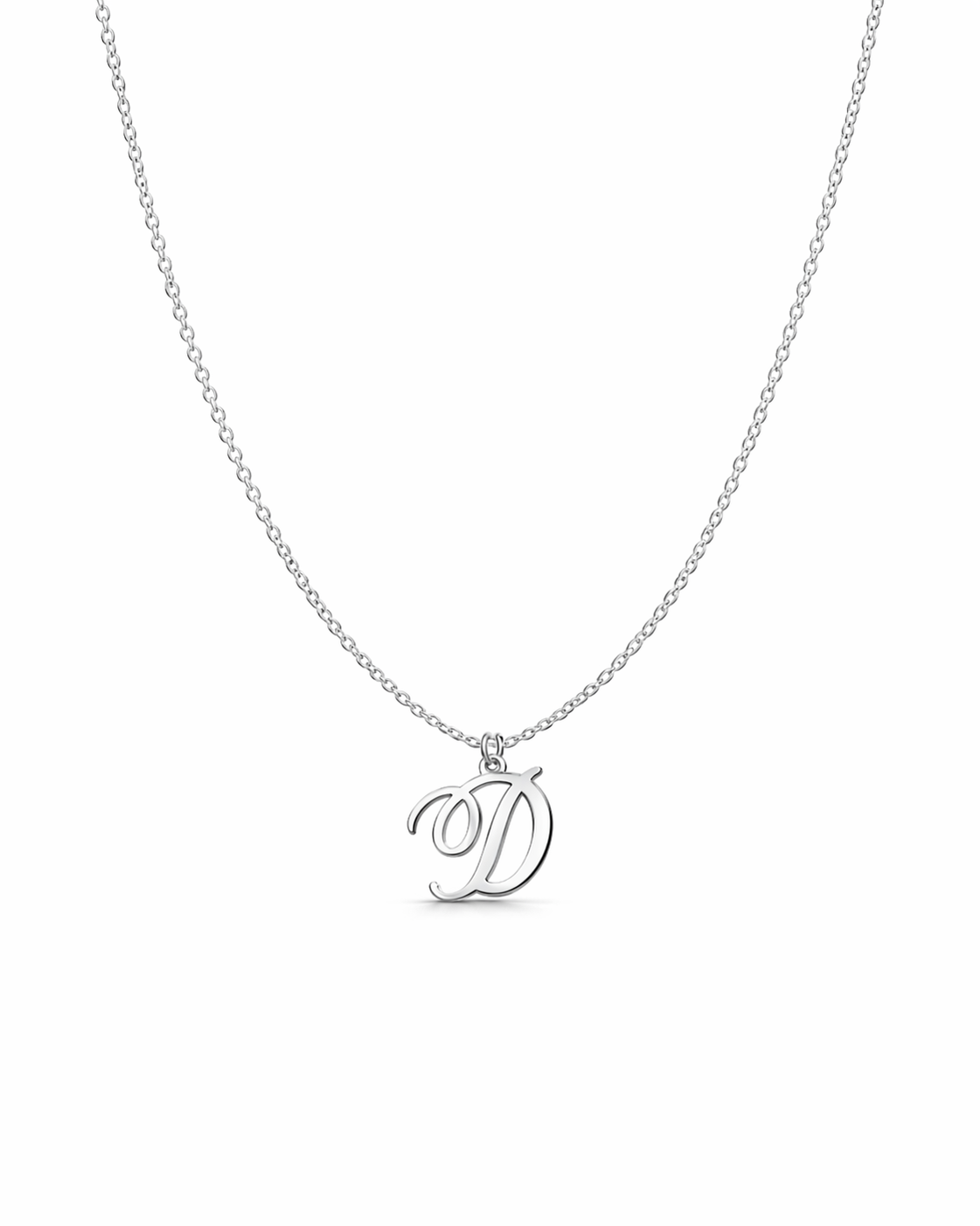 Silver necklace with a 'D' pendant on a white background
