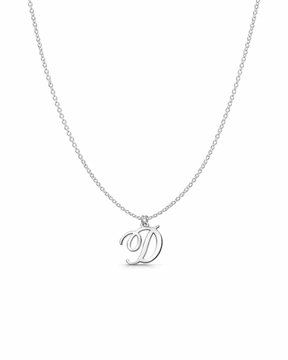 Silver necklace with a 'D' pendant on a white background