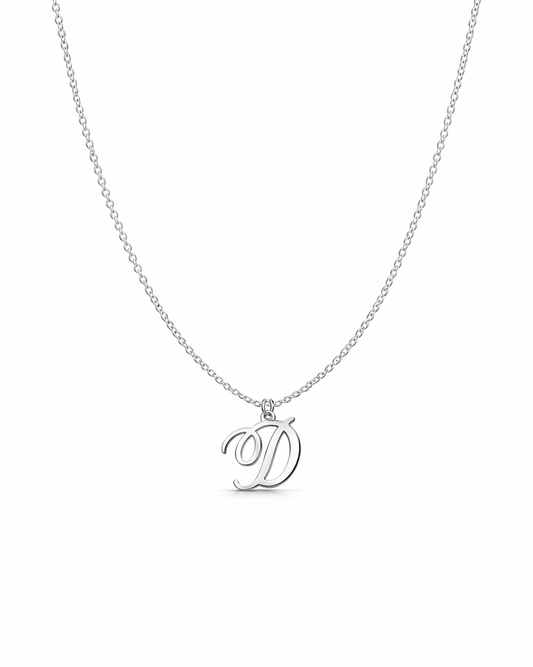 Silver necklace with a 'D' pendant on a white background