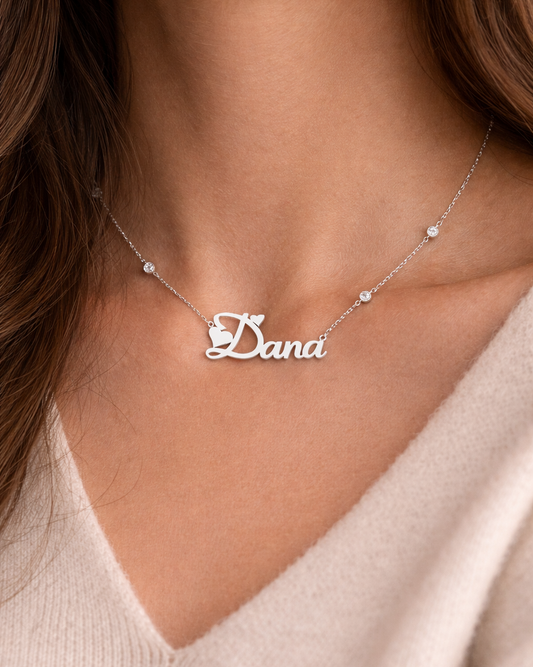 Silver necklace with 'Dana' pendant worn by a person