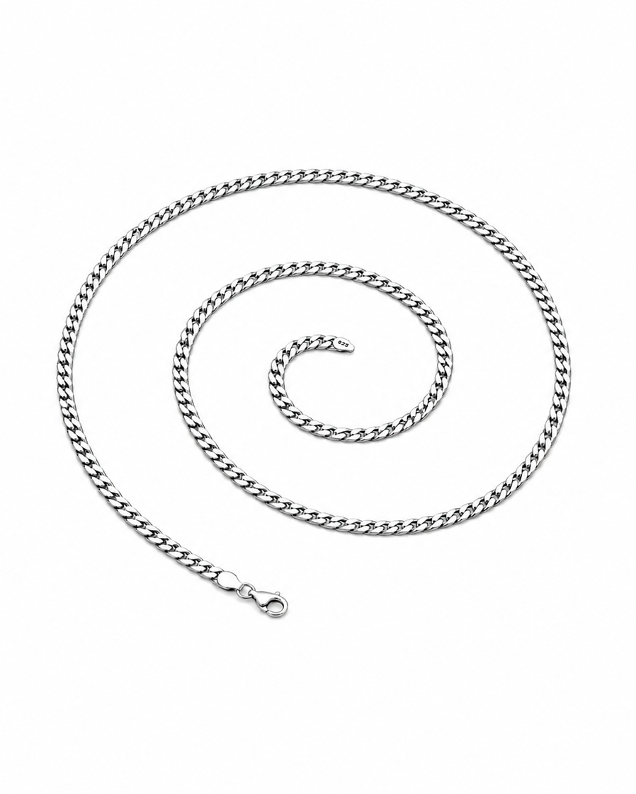 Silver chain necklace on a white background