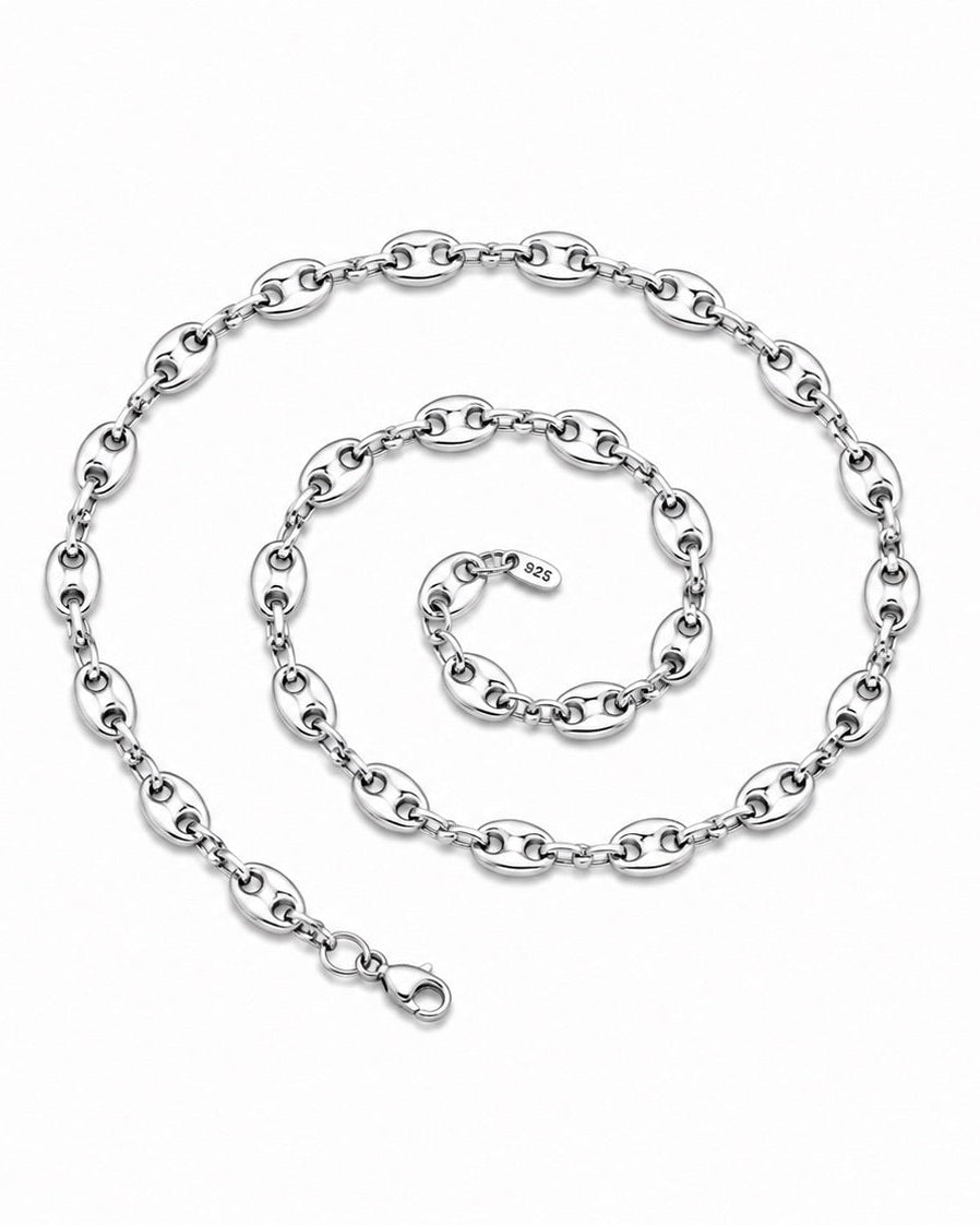 Silver chain necklace on a white background