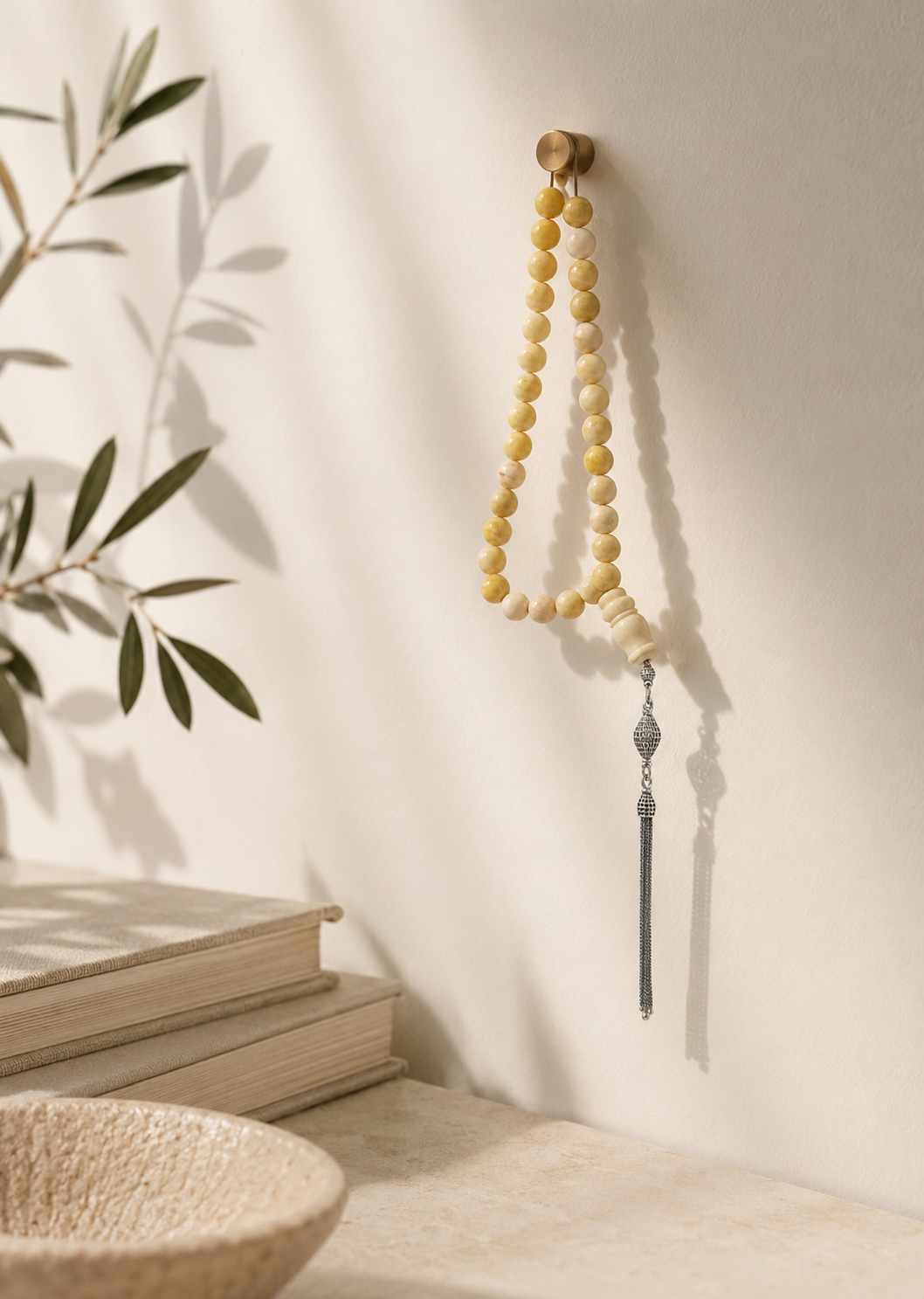 Natural Amber Misbah with Silver Tassel - Ivory & Honey