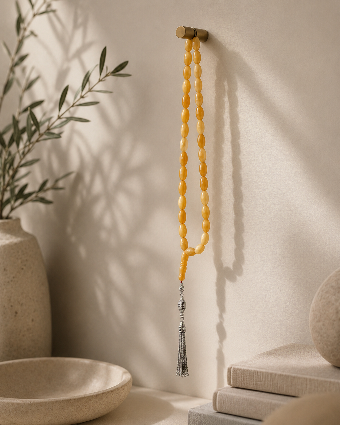 Natural Amber Misbah with Silver Tassel - Golden Honey
