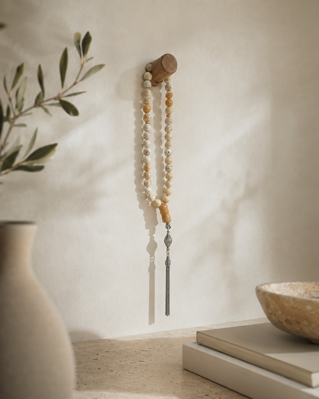 Natural Amber Misbah with Silver Tassel - Ivory
