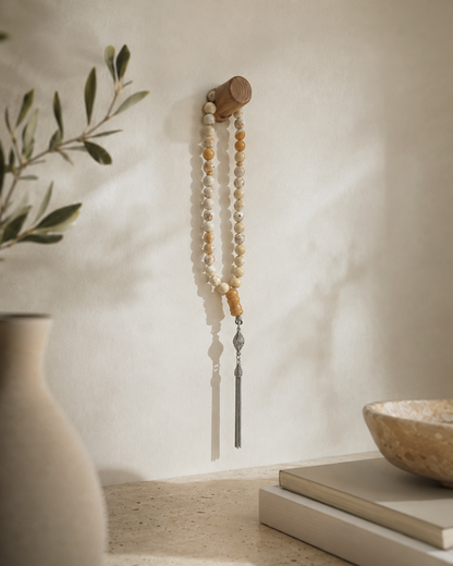 Natural Amber Misbah with Silver Tassel - Ivory