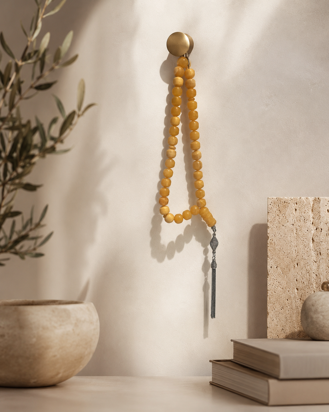Natural Amber Misbah with Silver Tassel - Butterscotch