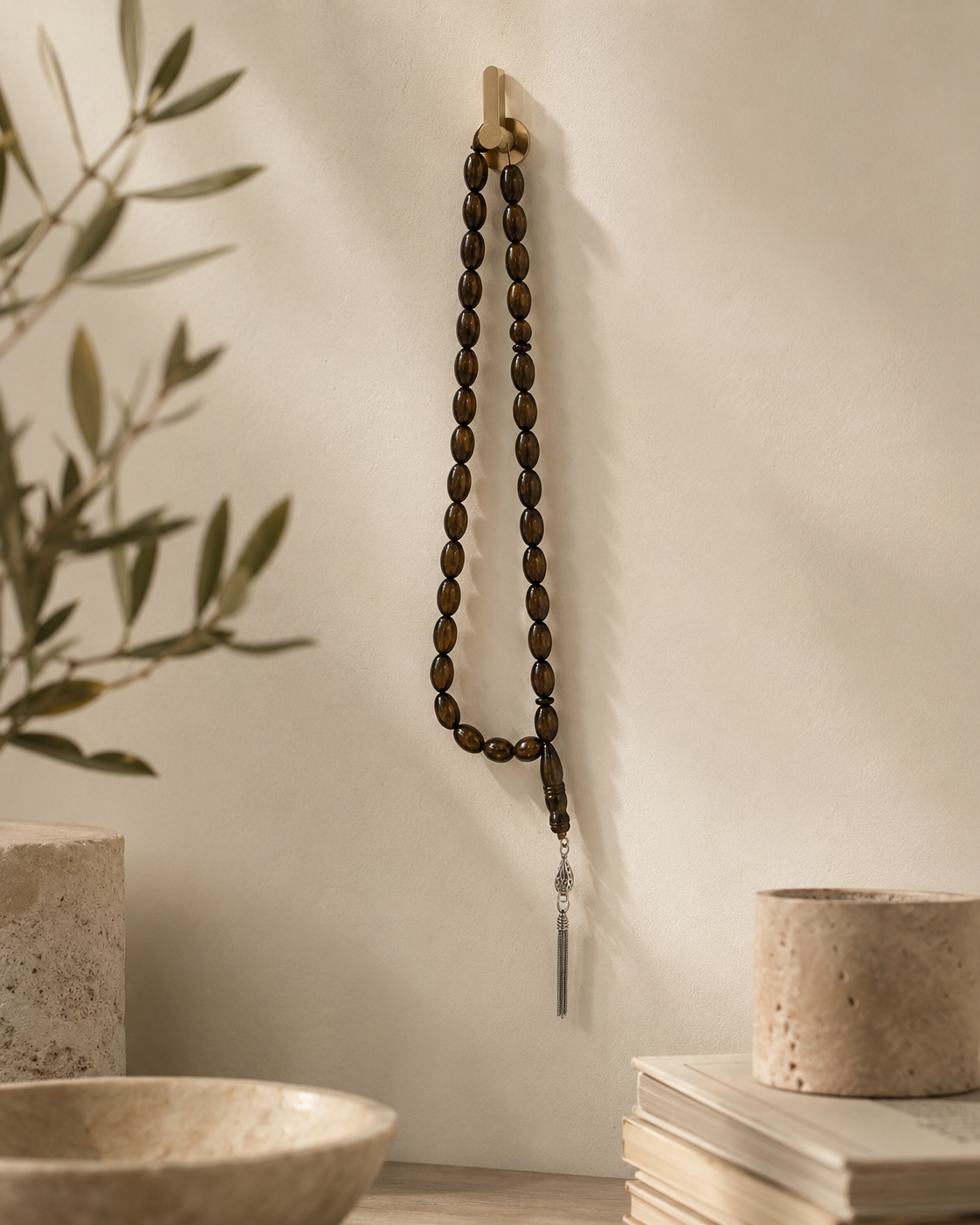 Natural Amber Misbah with Silver Tassel - Espresso Brown