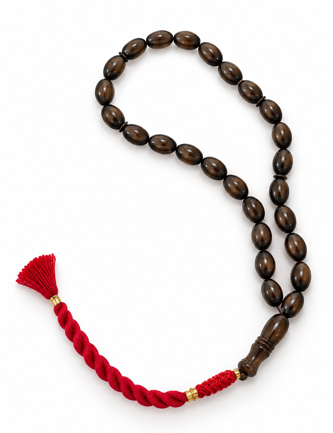 Natural amber misbaha in espresso brown, prayer beads from Silver Corner