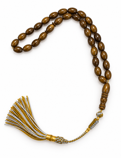 Natural amber misbaha in burnt siena, prayer beads from Silver Corner