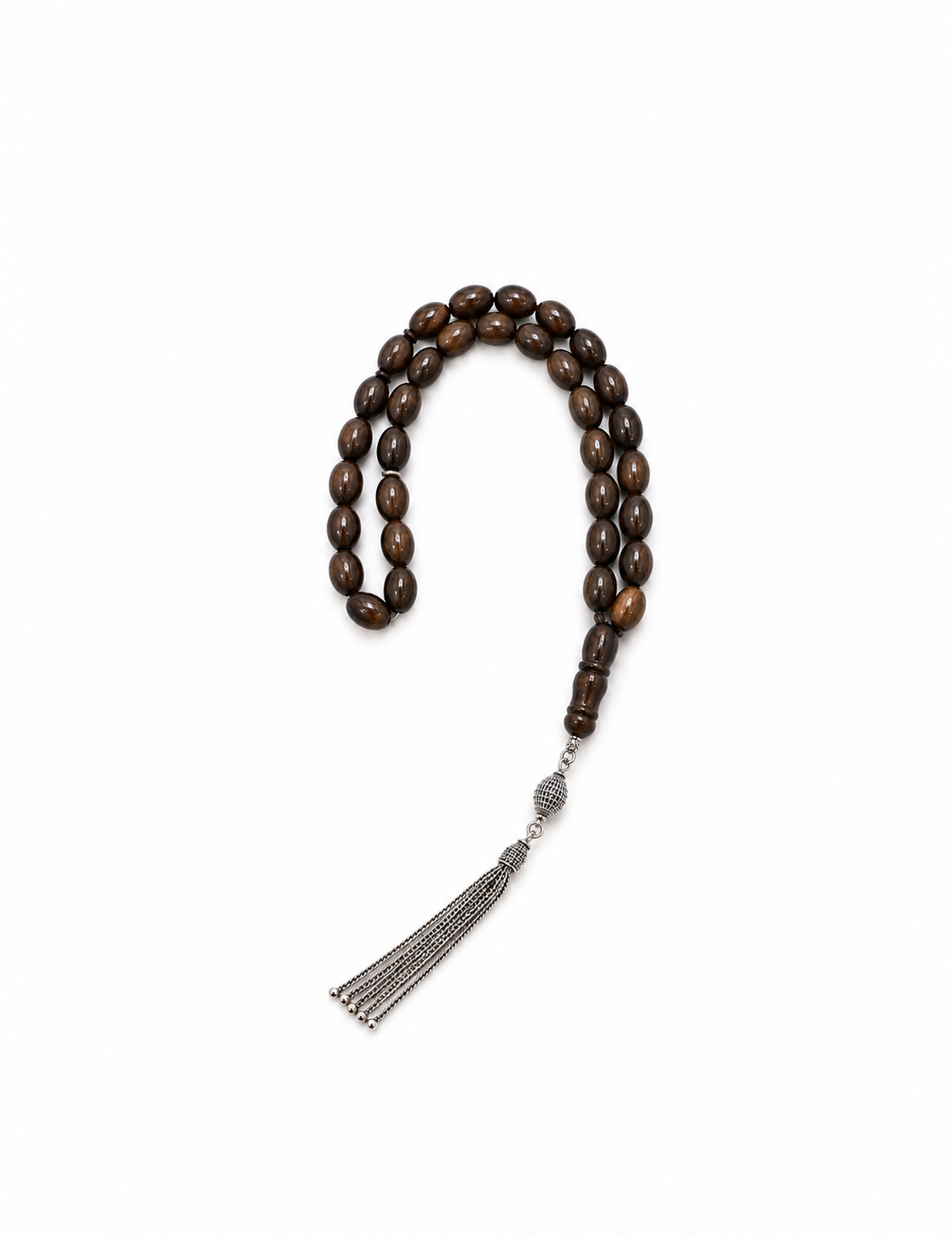 Natural amber misbaha in espresso brown, prayer beads from Silver Corner