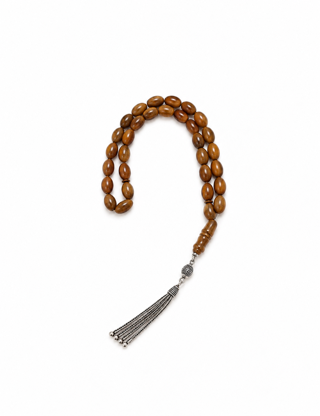 Natural amber misbaha in burnt siena, prayer beads from Silver Corner