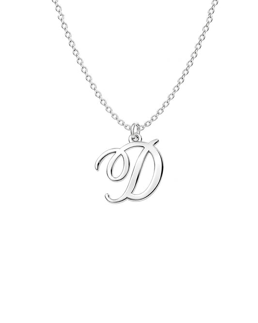 Silver necklace with a 'D' pendant on a white background