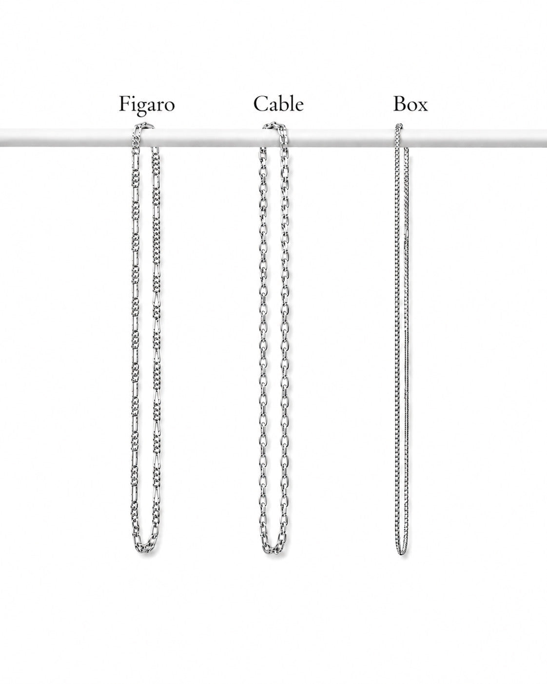 Chain style options: Figaro, Cable and Box chains in 925 sterling silver