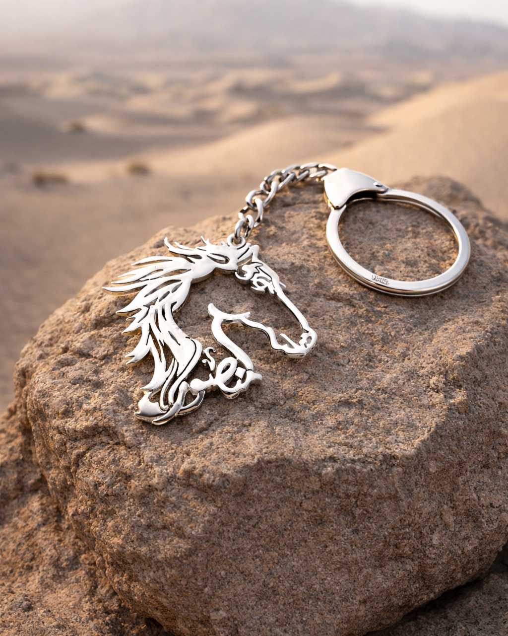 Silver horse head keychain on a rock with a desert landscape in the background